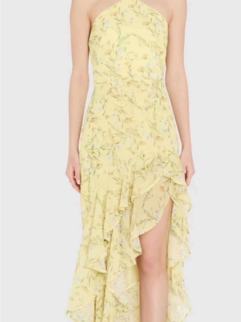 Amanda Uprichard Pale Yellow Floral High-Low Ruffle Dress